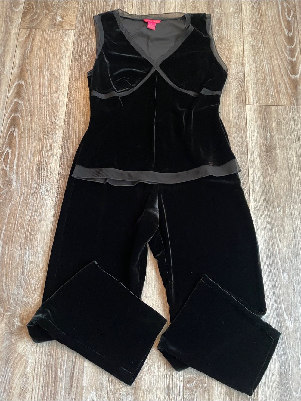 Sunny Leigh Black Velvet Silk Chiffon Sleeveless Pants Set Outfit Women’s M/6